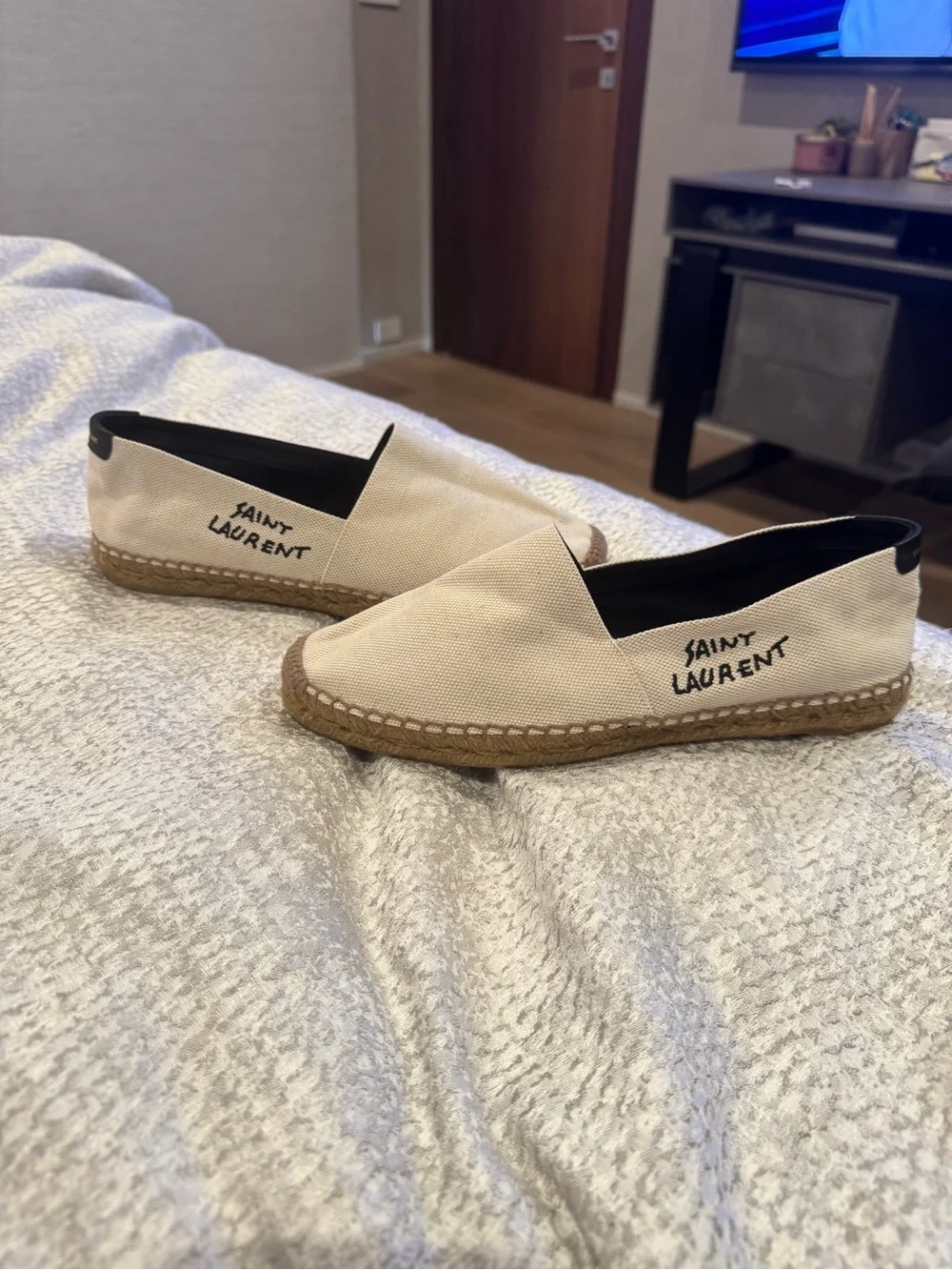 Saint Laurent Cream Canvas Espadrille Flats with Black Trim